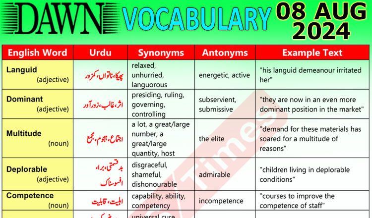 Daily DAWN News Vocabulary with Urdu Meaning (08 August 2024)