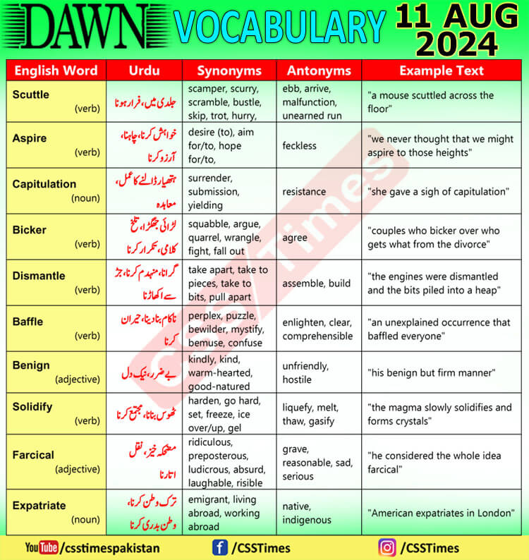 Daily DAWN News Vocabulary with Urdu Meaning (11 August 2024)