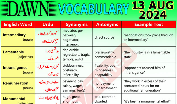 Daily DAWN News Vocabulary with Urdu Meaning (13 August 2024)