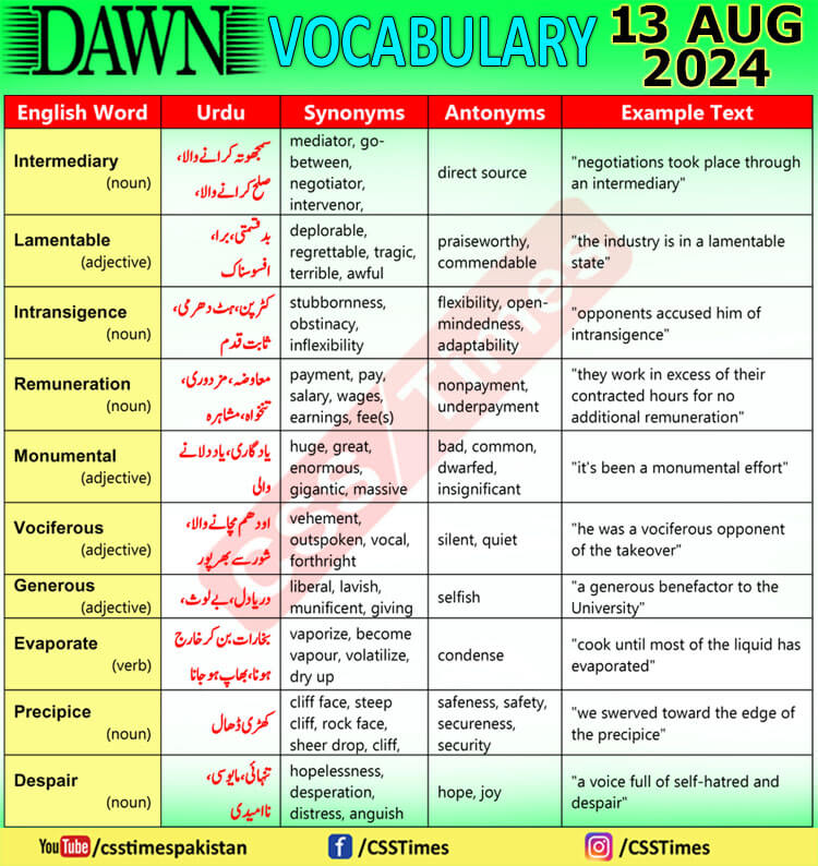 Daily DAWN News Vocabulary with Urdu Meaning (13 August 2024)