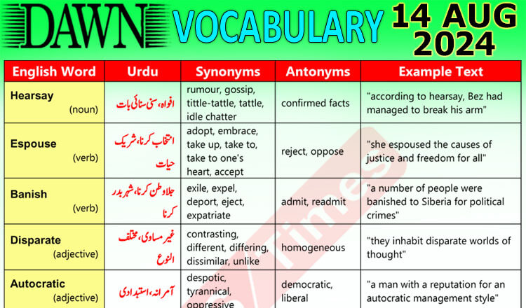 Daily DAWN News Vocabulary with Urdu Meaning (14 August 2024)