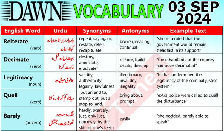 Daily DAWN News Vocabulary with Urdu Meaning (03 September 2024)