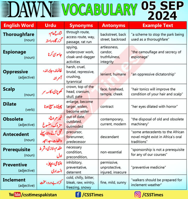 Daily DAWN News Vocabulary with Urdu Meaning (05 September 2024)