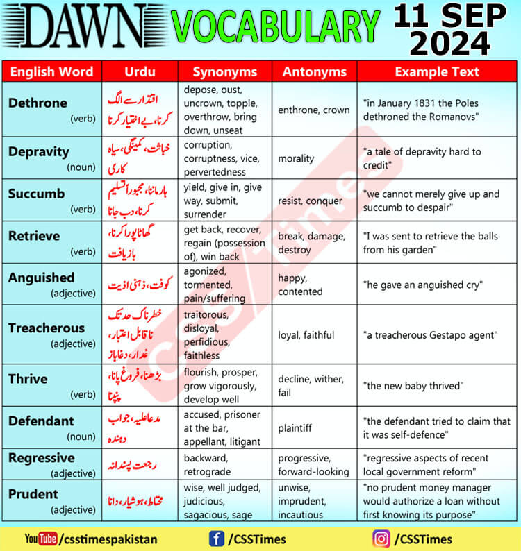 Daily DAWN News Vocabulary with Urdu Meaning (11 September 2024)