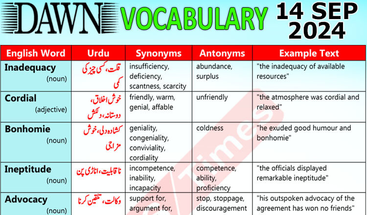 Daily DAWN News Vocabulary with Urdu Meaning (14 September 2024)