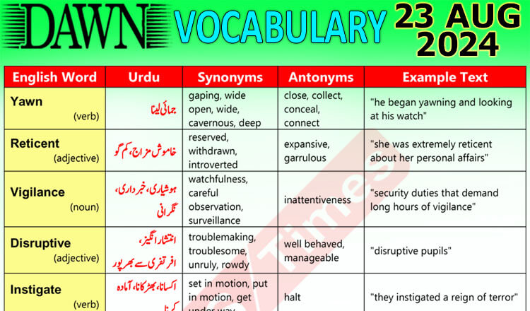 Daily DAWN News Vocabulary with Urdu Meaning (23 August 2024)