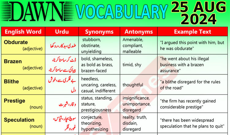 Daily DAWN News Vocabulary with Urdu Meaning (25 August 2024)