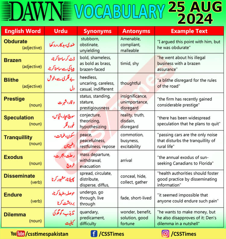 Daily DAWN News Vocabulary with Urdu Meaning (25 August 2024)