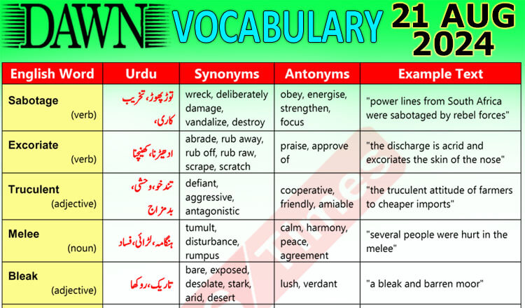 Daily DAWN News Vocabulary with Urdu Meaning (21 August 2024)