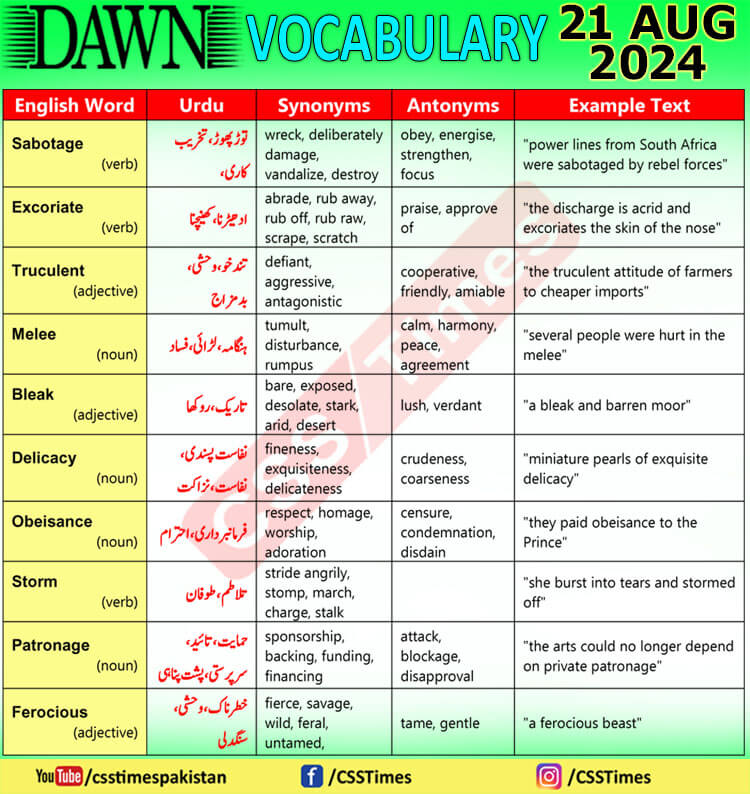 Daily DAWN News Vocabulary with Urdu Meaning (21 August 2024)