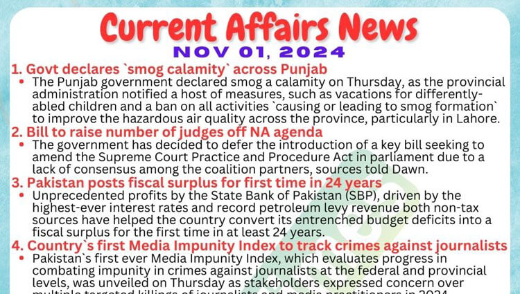 Daily Top-10 Current Affairs MCQs / News (November 01 2024) for CSS